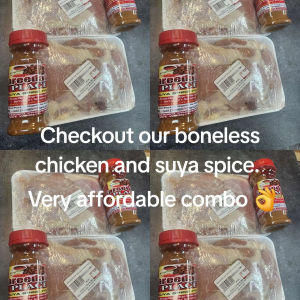 Boneless chicken thighs with suya (Yaaji) spice.